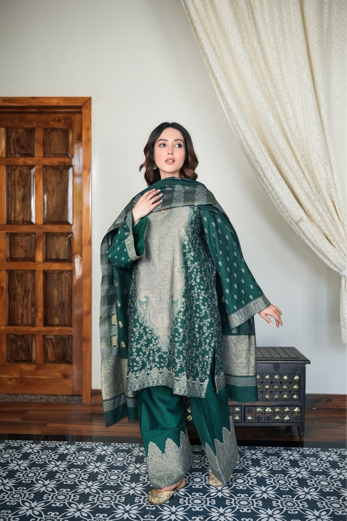 Dark Green Embroidered Suit Set