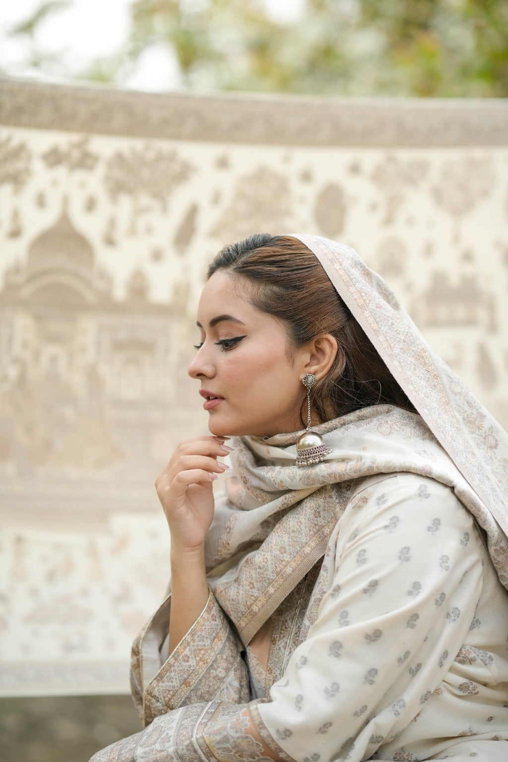 White Kalamkari Zari Shawl