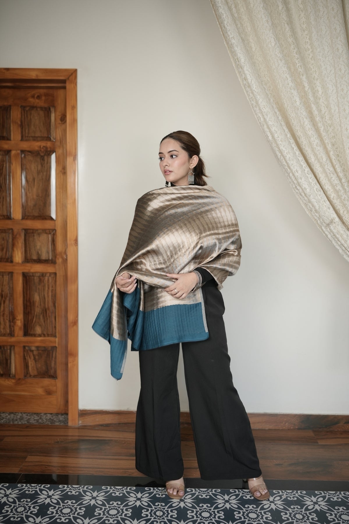 Teal Ikkat Metallic Shawl