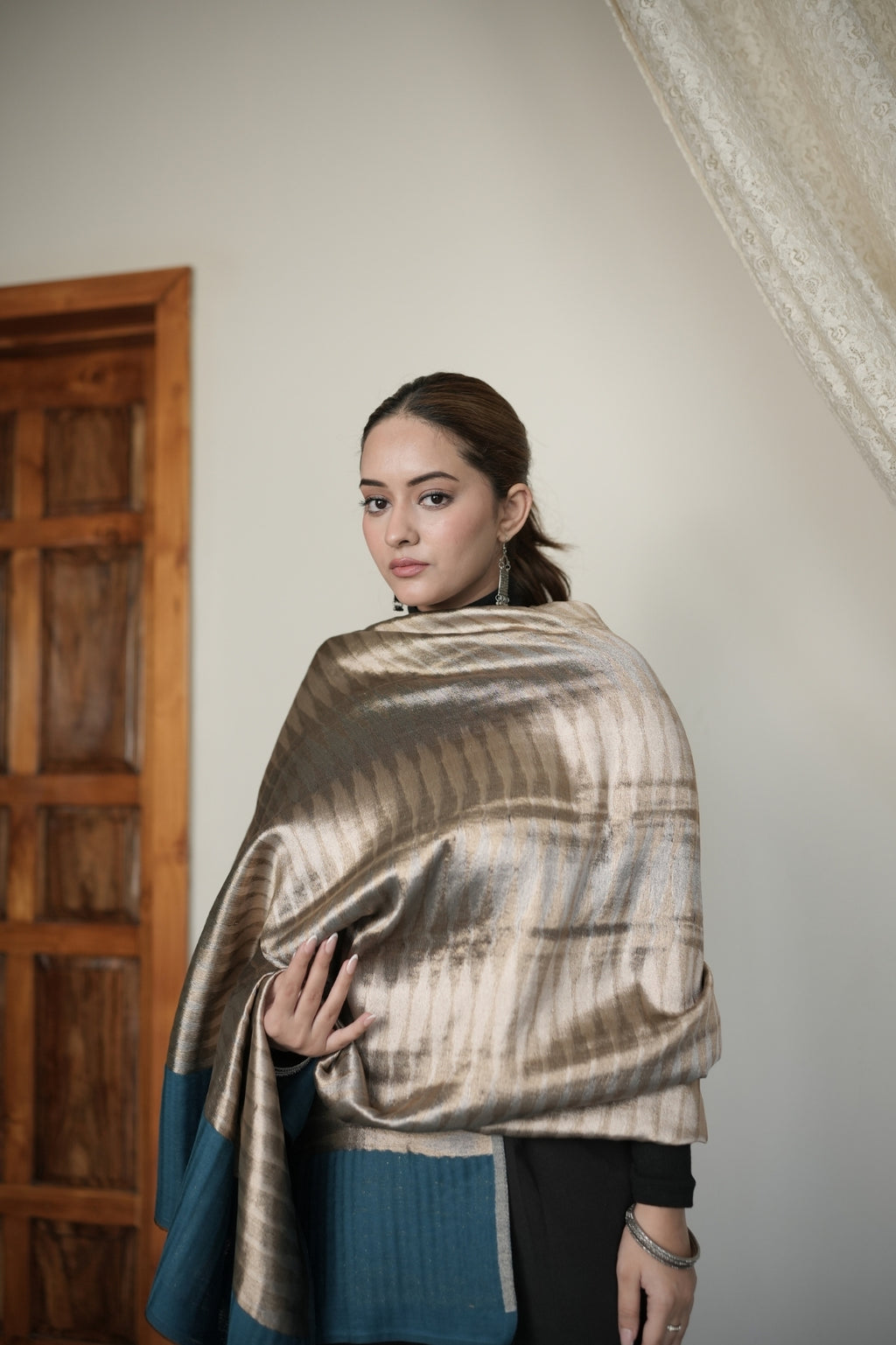 Teal Ikkat Metallic Shawl