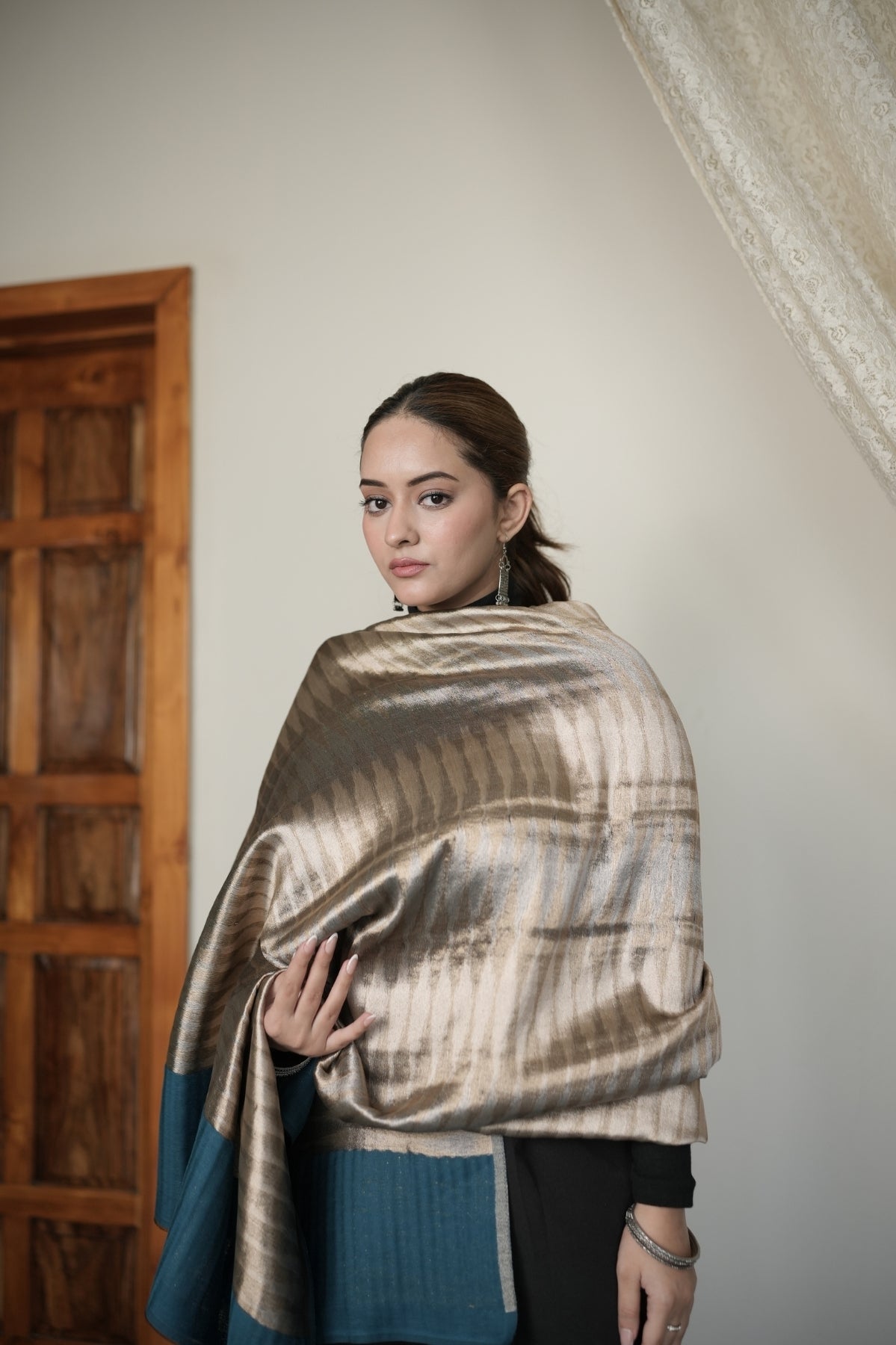 Teal Ikkat Metallic Shawl