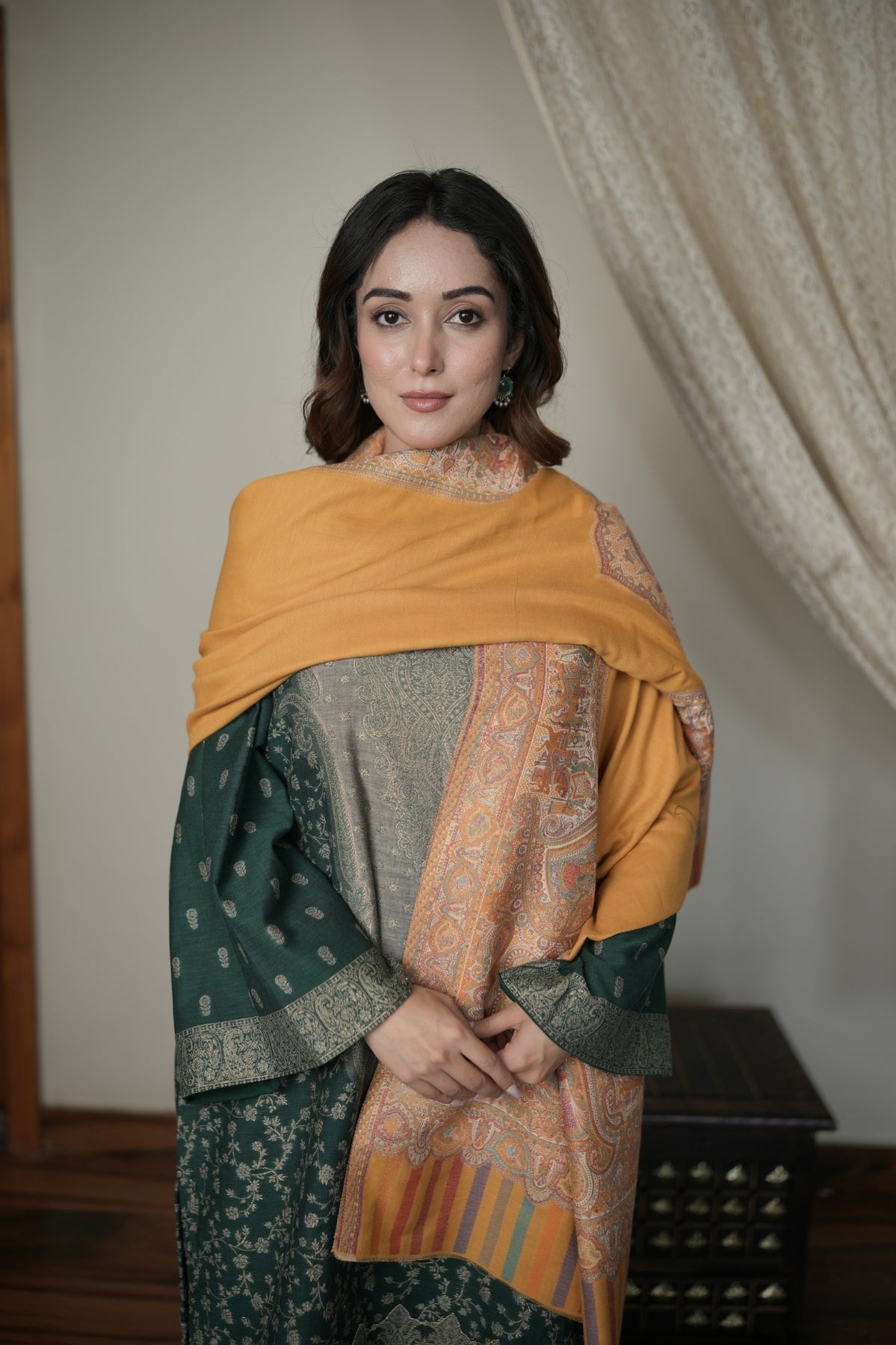 Mustard Border Kalamkari Shawl