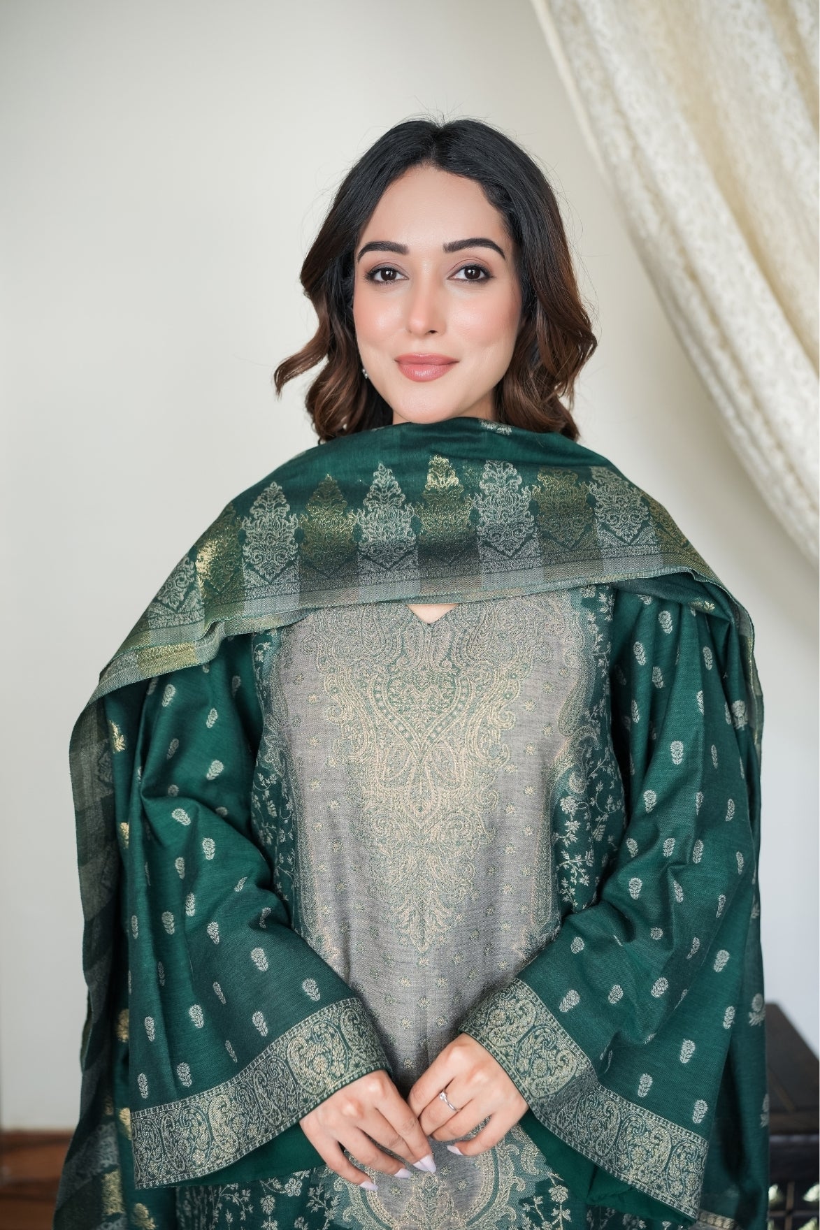 Dark Green Embroidered Suit Set