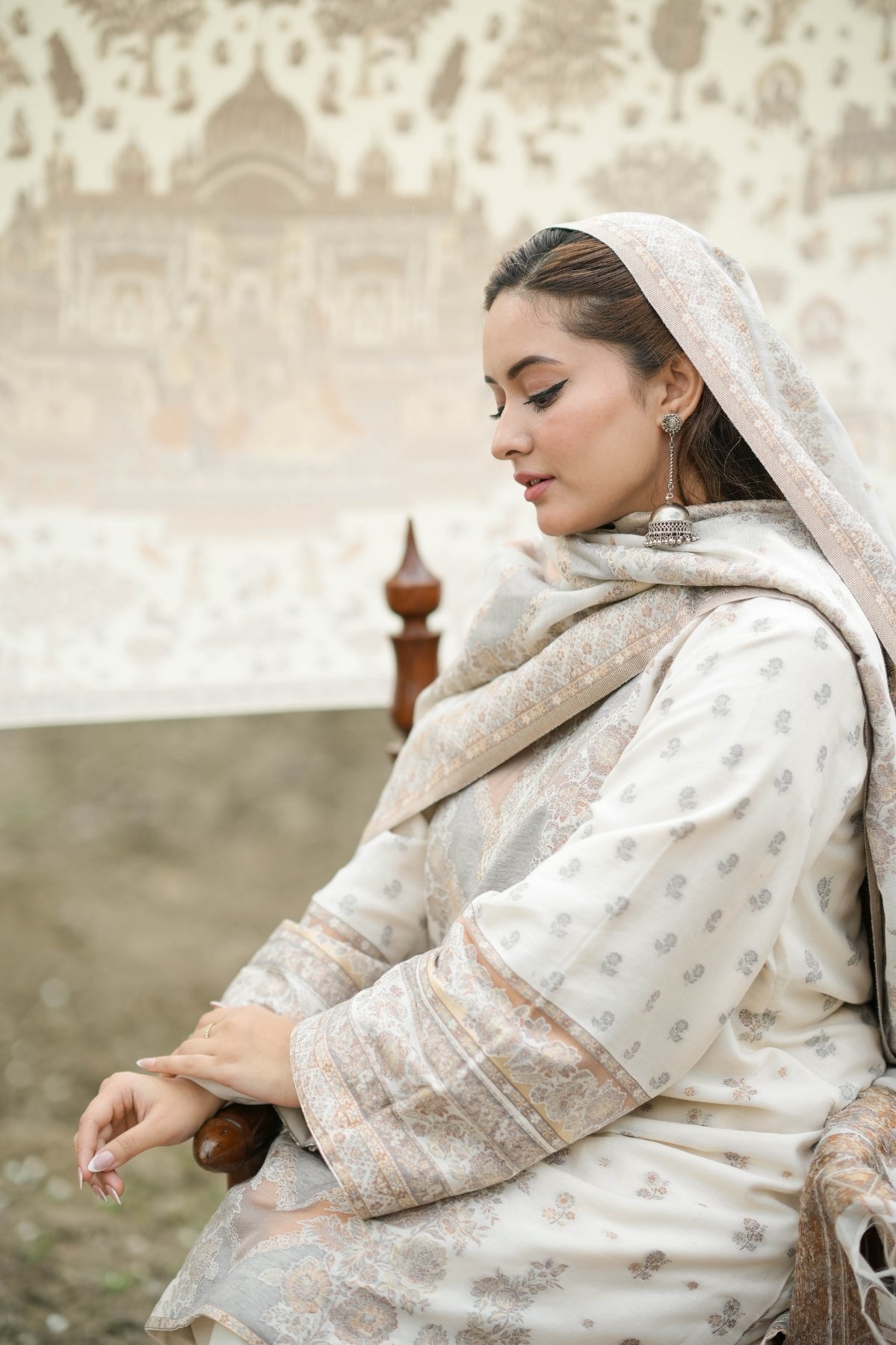 White Kalamkari Zari Shawl