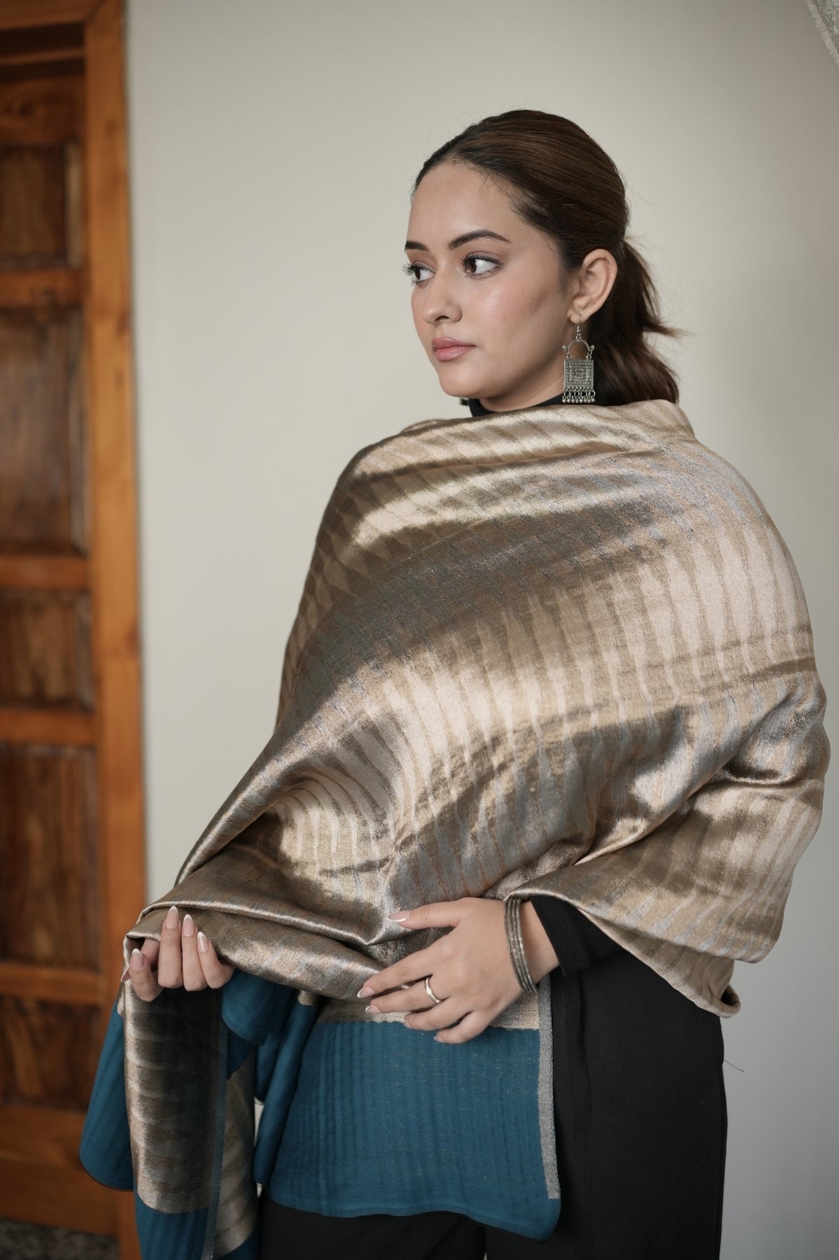 Teal Ikkat Metallic Shawl