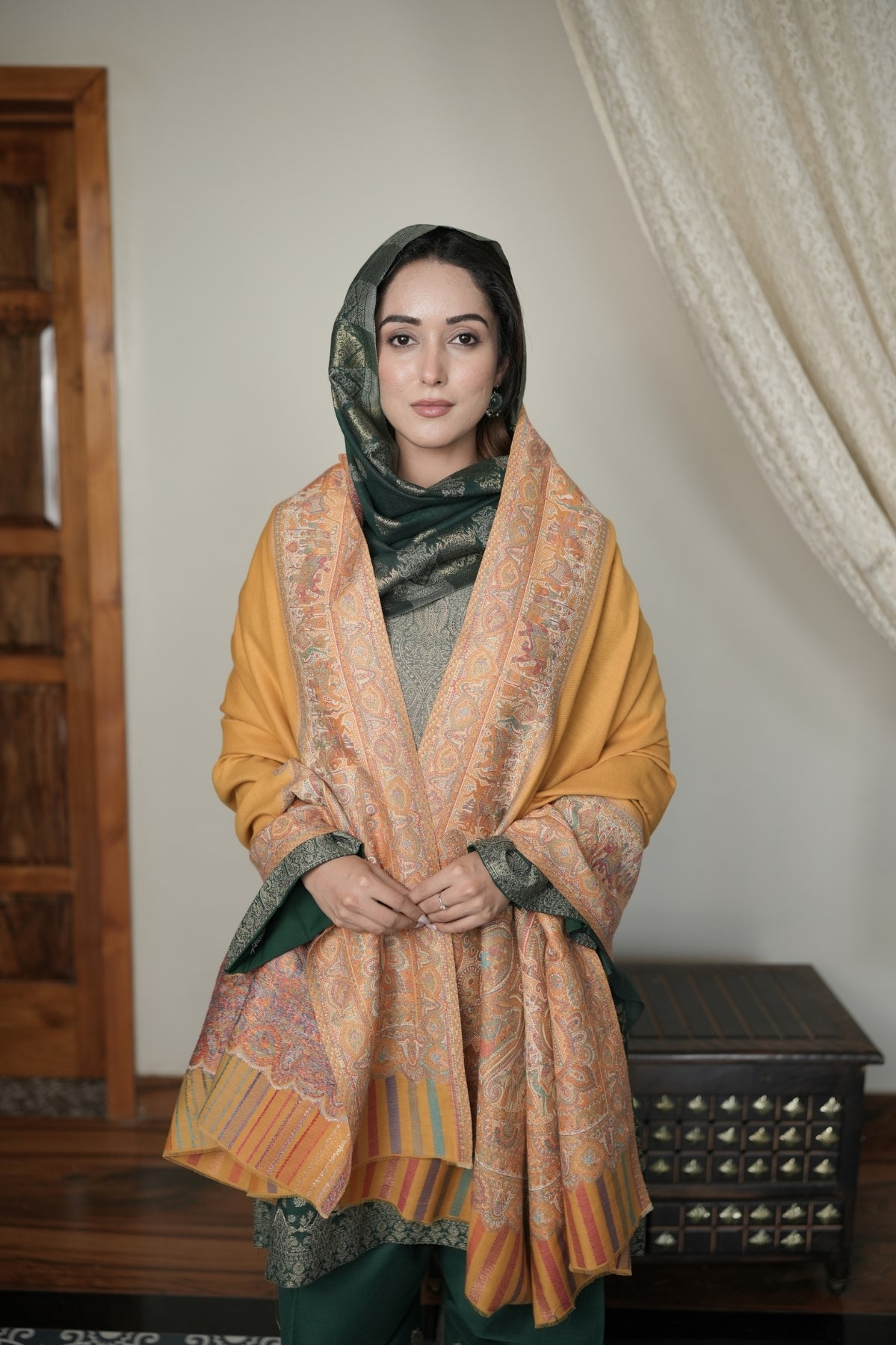 Mustard Border Kalamkari Shawl
