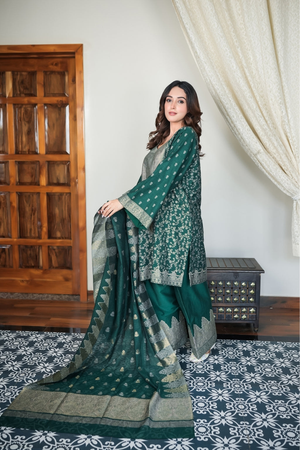 Dark Green Embroidered Suit Set