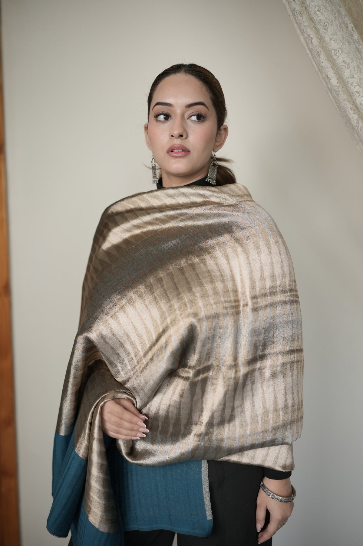 Teal Ikkat Metallic Shawl