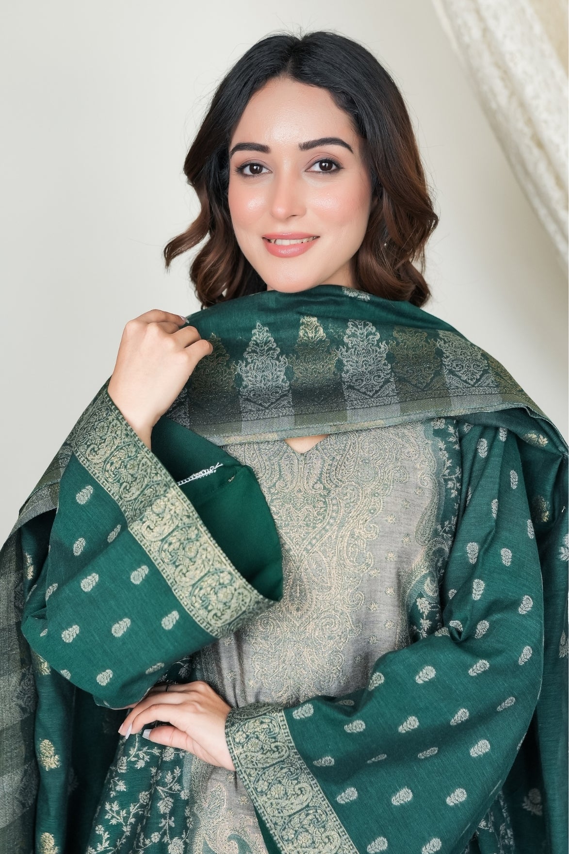 Dark Green Embroidered Suit Set