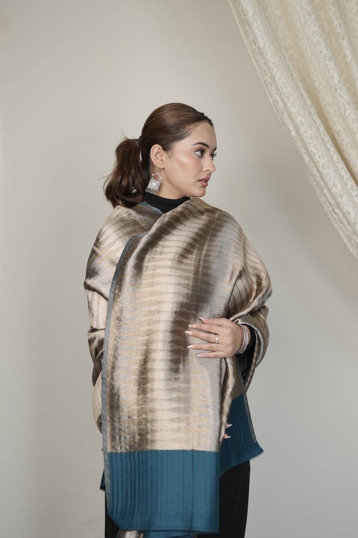 Teal Ikkat Metallic Shawl