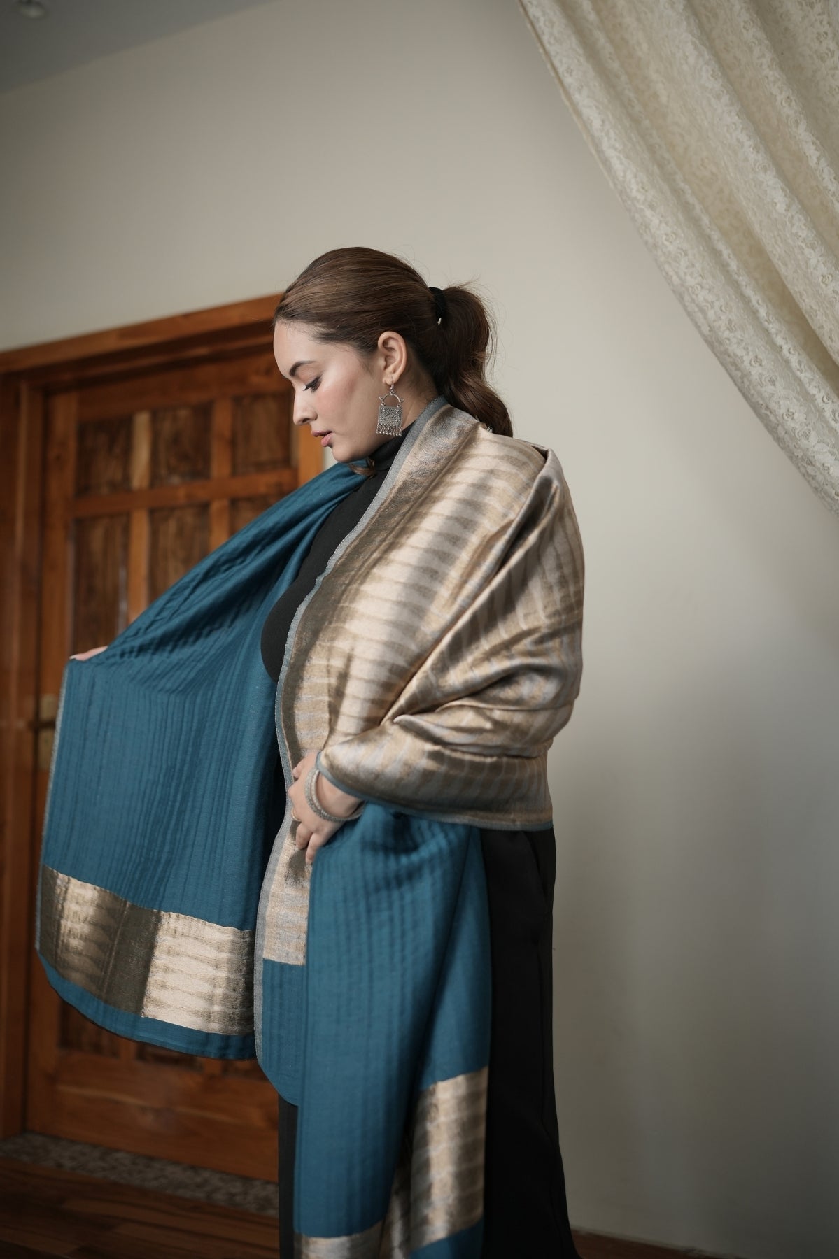 Teal Ikkat Metallic Shawl