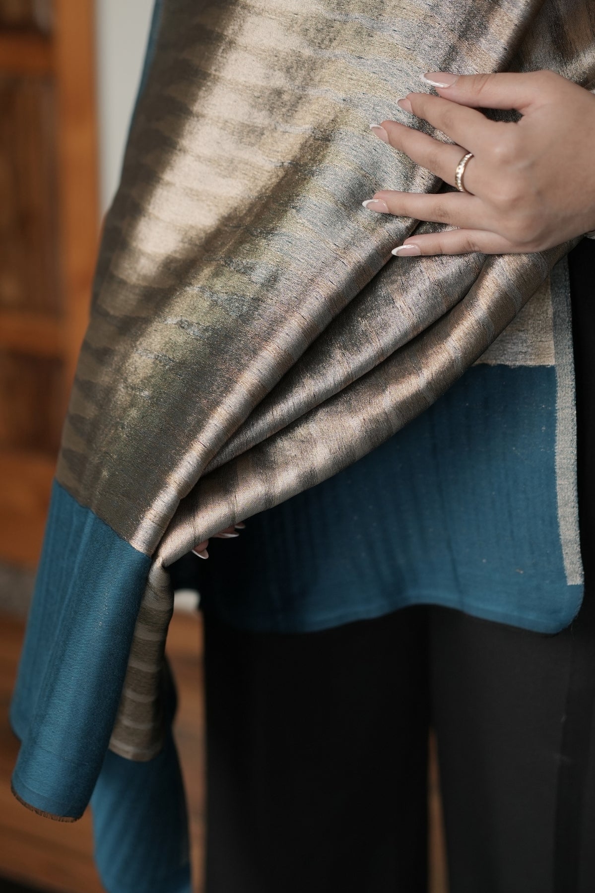 Teal Ikkat Metallic Shawl